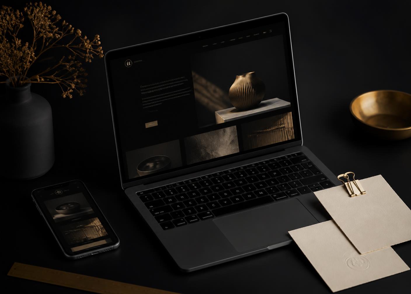 A laptop and smartphone displaying a modern dark website design on a premium black desk